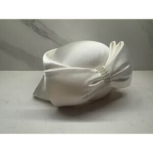 Vintage MR HI'S CLASSIC Pill Box Hat Fascinator Wedding Bow White Satin